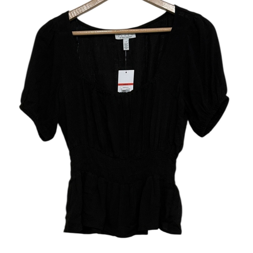 Black Top Blouse Women's Size Small Short Sleeve Cinched Pullover NEW